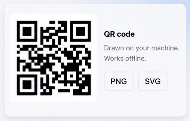 QR-koodi paneel laienduse sees, PNG ja SVG allalaadimisnuppudega