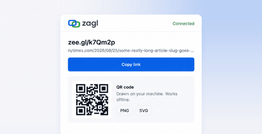 za.gl aken valmis lühikese lingi, kopeerimisnupu ja QR-koodiga